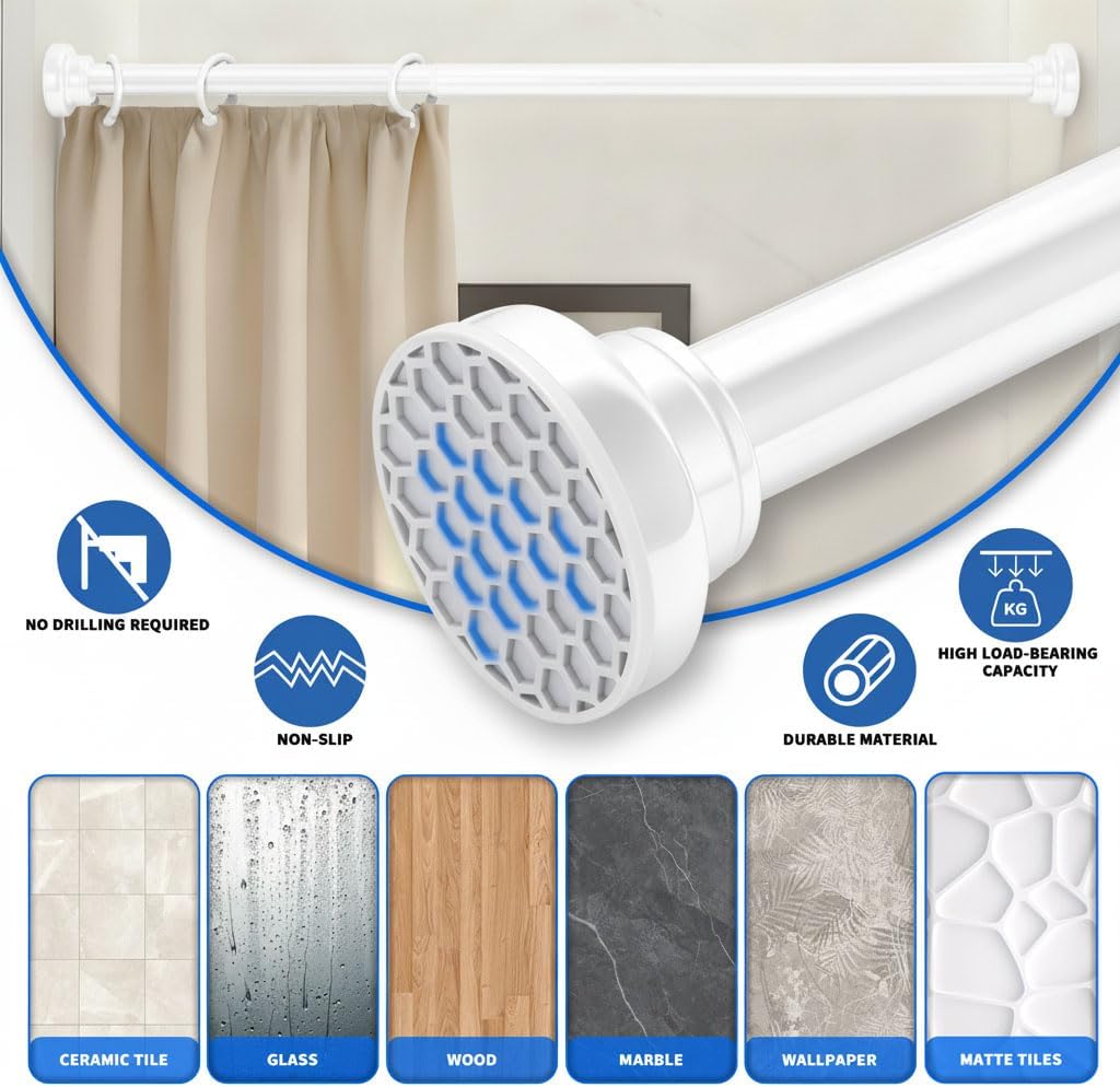 White Shower Curtain Rod 24-40 Inch Integration Tension Curtain Rod, Load 44LBS No Splice 304 Stainless Steel Adjustable Spring Heavy Duty Tension Rods for Bathroom Windows No Drill Non Slip