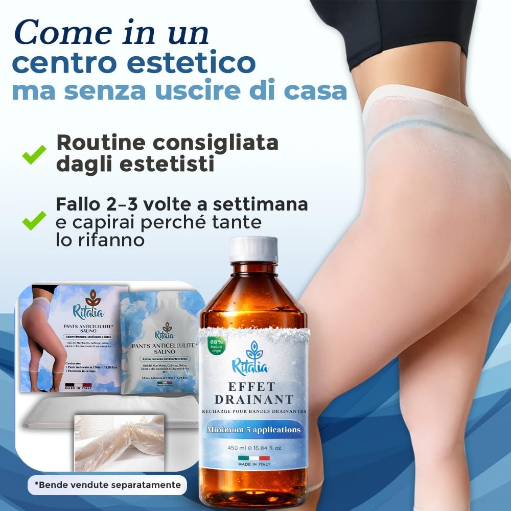 Ritalia® Liquide pour Bandages Drainants à base de Sel de la Mer Morte et Actifs 100% Végans – Anti-cellulite pour Jambes et Fessiers