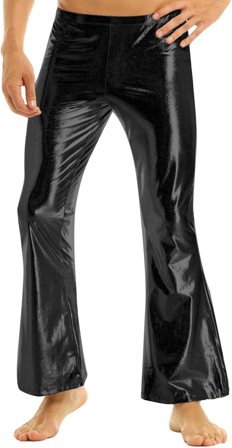 FEESHOW Mens 70S Disco Fever Black Bellbottom Bell Bottom Costume Trousers Pants
