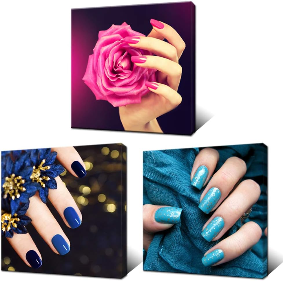 Innopics3 Piece Fashion Woman Canvas Prints Nail Art Beauty Salon Hand Spa Canvas Painting Bathroom Bedroom Modern Decor Makeup and Manicure Picture Poster Stretched Ready to Hang 12x12inchx3pcs