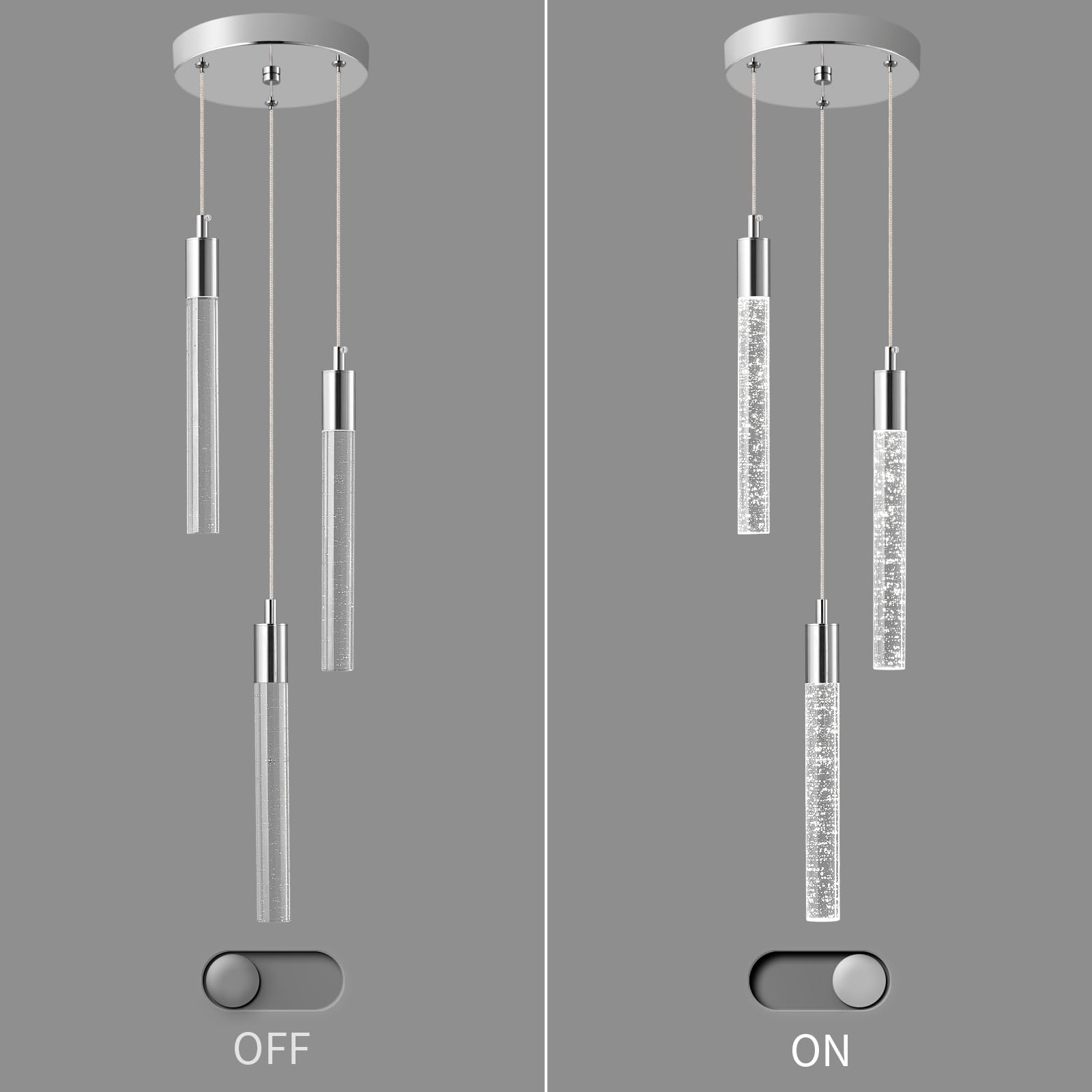 Nowoczesna lampa wisząca do kuchni, wyspy, ściemniana, chromowana, mini lampa wisząca, do sypialni, mała lampa wisząca (3 światła)