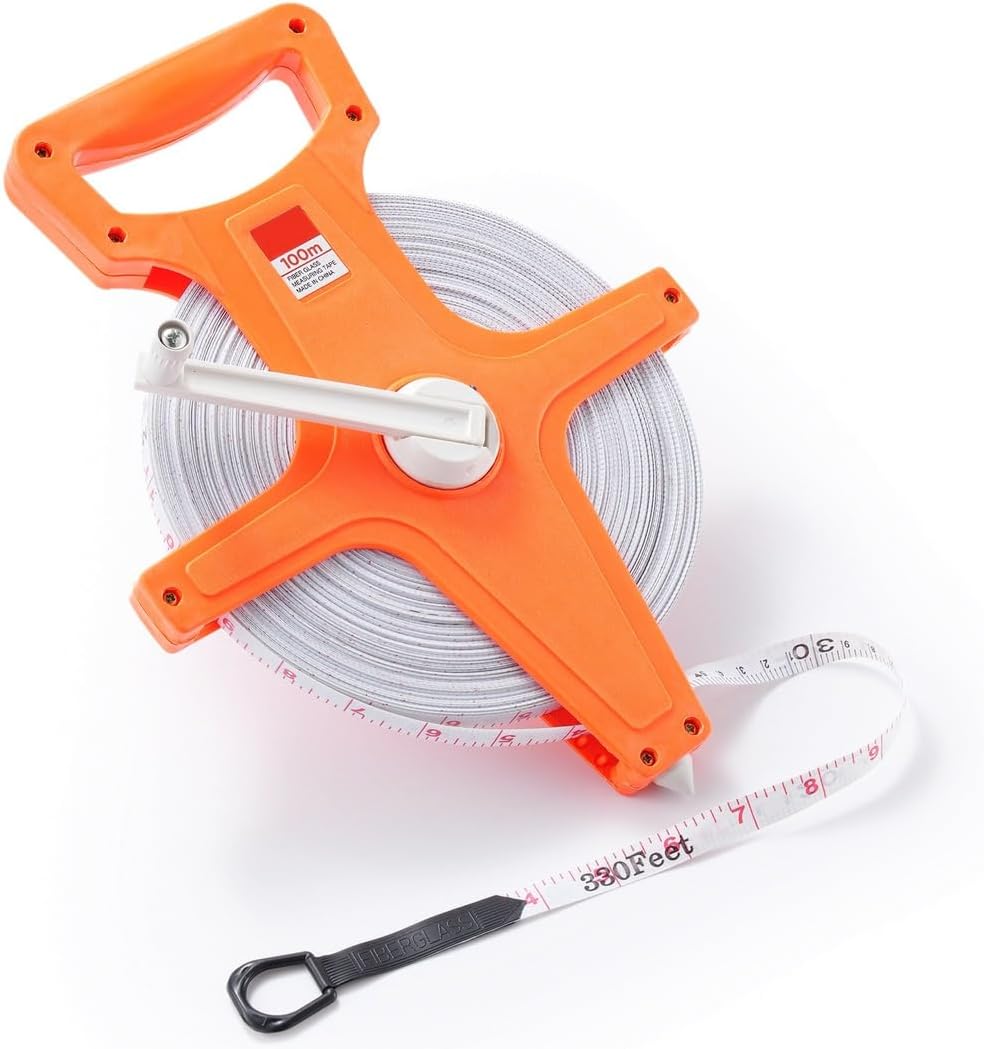 Industrial Open Reel Tape Measure 100M/330Ft With Dual Sided Standard & Metric Tape, Ideal For Carpentry, Construction & Yard Work