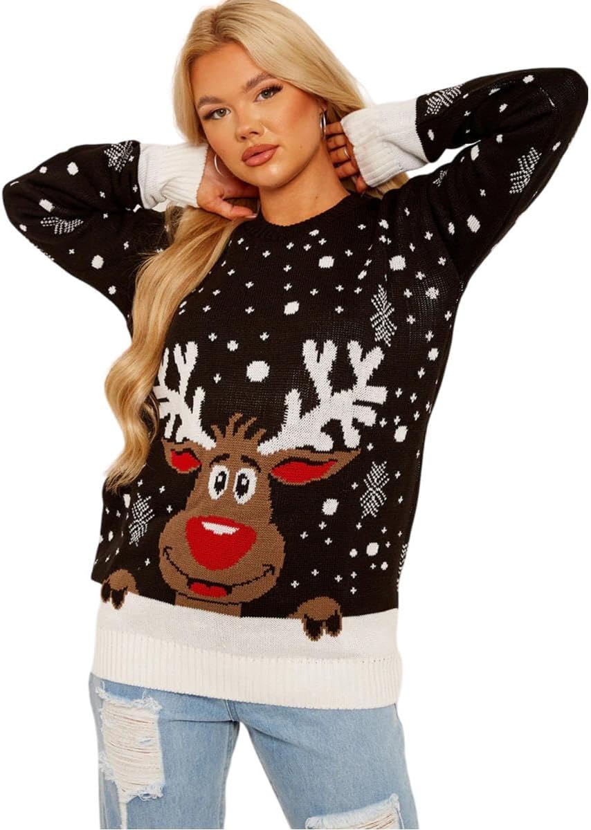 Womens Mens Reindeer Print Christmas Knitted Jumper Unisex Retro Sweater Top
