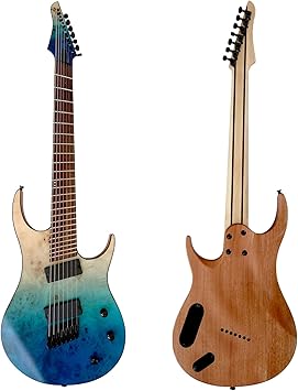 Upgrade Fanned Fret 7 String Electric Guitar Quilt Maple Top High Output Humbucker Pickups Stainless Steel 24 Frets Full-Size Standard Guitar for Beginner Intermediate & Pro Players