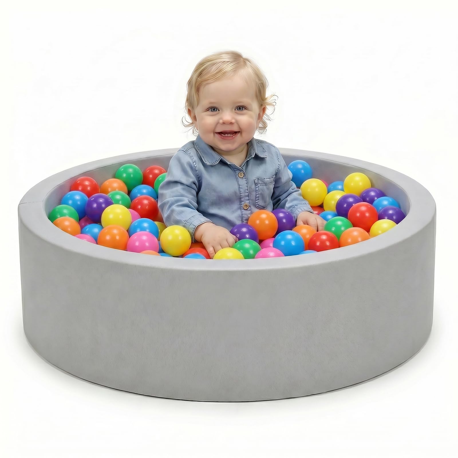 Wilwolfer Bagno per palle per bambini piccoli: piscina per palline in schiuma con 200 palline colorate – bagno per bambini con palline incluse – piscina rotonda morbida pieghevole grande (grigio)