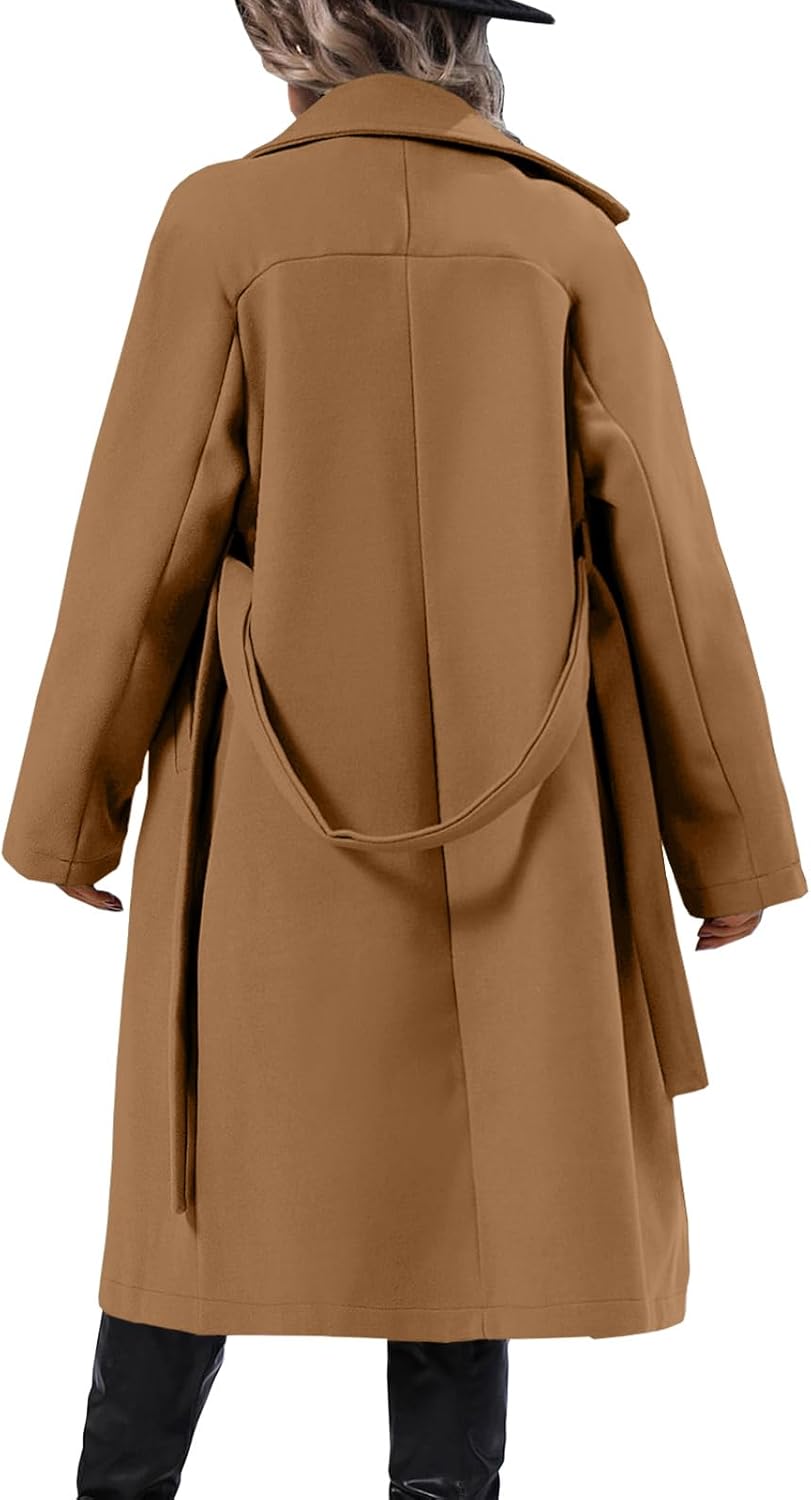 Danedvi Women Elegant Wool Pea Coat Lapel Collar Double Breasted Mid-Long Winter Overcoats with Belted Pockets - Image 5