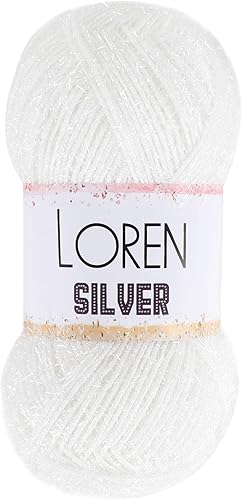 1 madeja Loren Plata, hilo metálico brillante para tejer, ganchillo, 100 gramos (3.5 oz), 639.8ft (213 yardas), %70 micro poliéster %30 purpurina