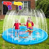 【SPLRINKLER PAD】 Die Sprinkler-Matte mit einem Durchmesser von 170cm ist geeignet für 2-5 Kinder. Es ist ein gutes Ideal für Entspannung im Garten.VIEL SPASS MIT DEM WASSER:Wenn Sie die Wassersäule am Rand der Matte zusammendrücken, kann die Richtung des Wassers geändert werden. Dadurch die Kinder können darauf treten und mehr Spaß hinzufügen.