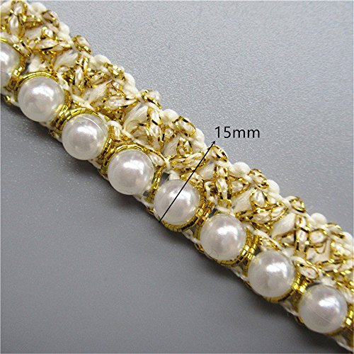 5 Yard Beaded Pearl Gold Nylon Strip Tape Lace Edge Trim Ribbon 15Mm Width Vintage Style White Edging Trimming Fabric Embroidered Applique Sewing Craft Wedding Bridal Dress Belt Scrapbooking Party Diy #TOP1