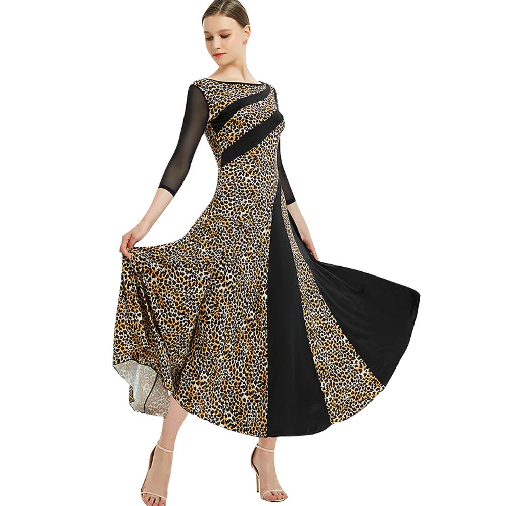 YUMEIRENLeopard Ballroom Dresses Smooth for Women Long Sleeve