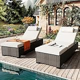 Reljofum Patio Chaise Lounge Set of 2, Brown Rattan, Adjustable Backrest, Recliners with Beige Cushion