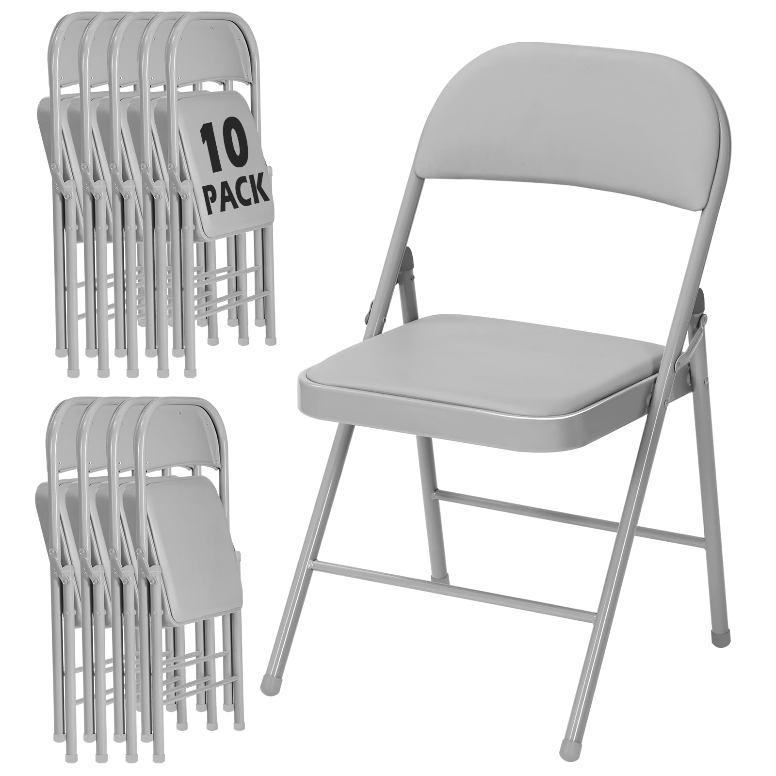 10 Pack Gray Padded Folding Chairs with Metal Frame