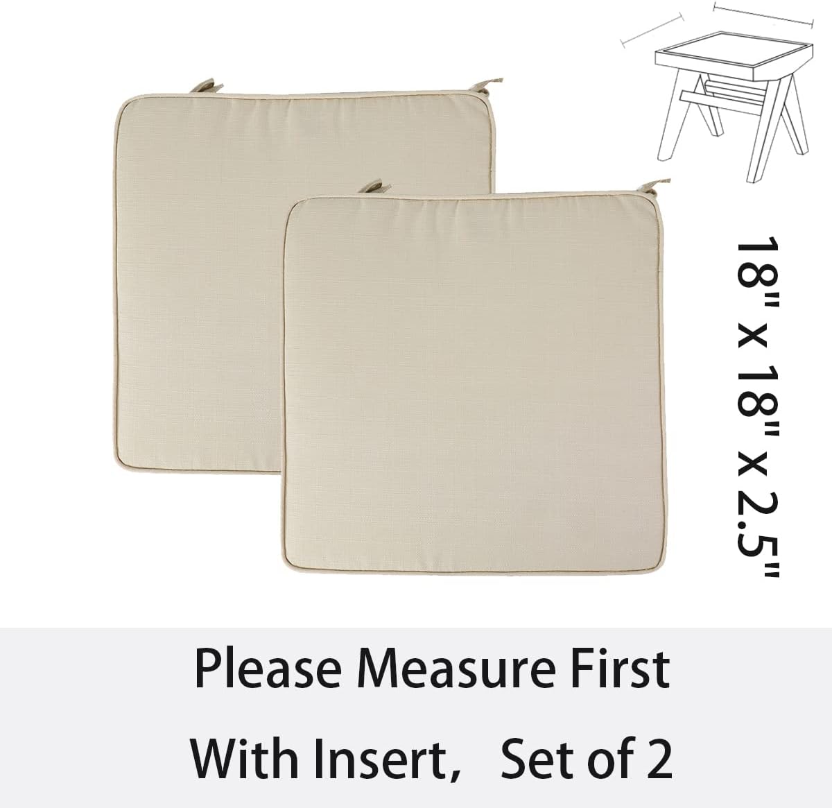 FUNHOME Outdoor Chair Cushions 18x18 Inch,Set of 2,Water Resistant Chair Pads with Ties,Square Seat Cushion 18"x18"x2.5",Patio Chair Cushion for Garden,Backyard Furniture(Antique Beige)