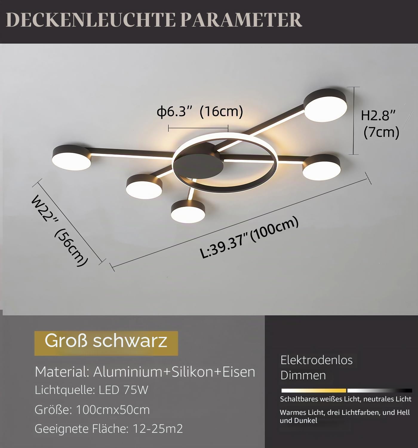 Moderne LED-Deckenleuchte Mode Runde Deckenleuchten Dimmbare Büro Deckenlampe Wohnzimmer Fernbedienung Deckenbeleuchtung für Schlafzimmer Arbeitszimmer Esszimmer (Schwarz L100 cm)