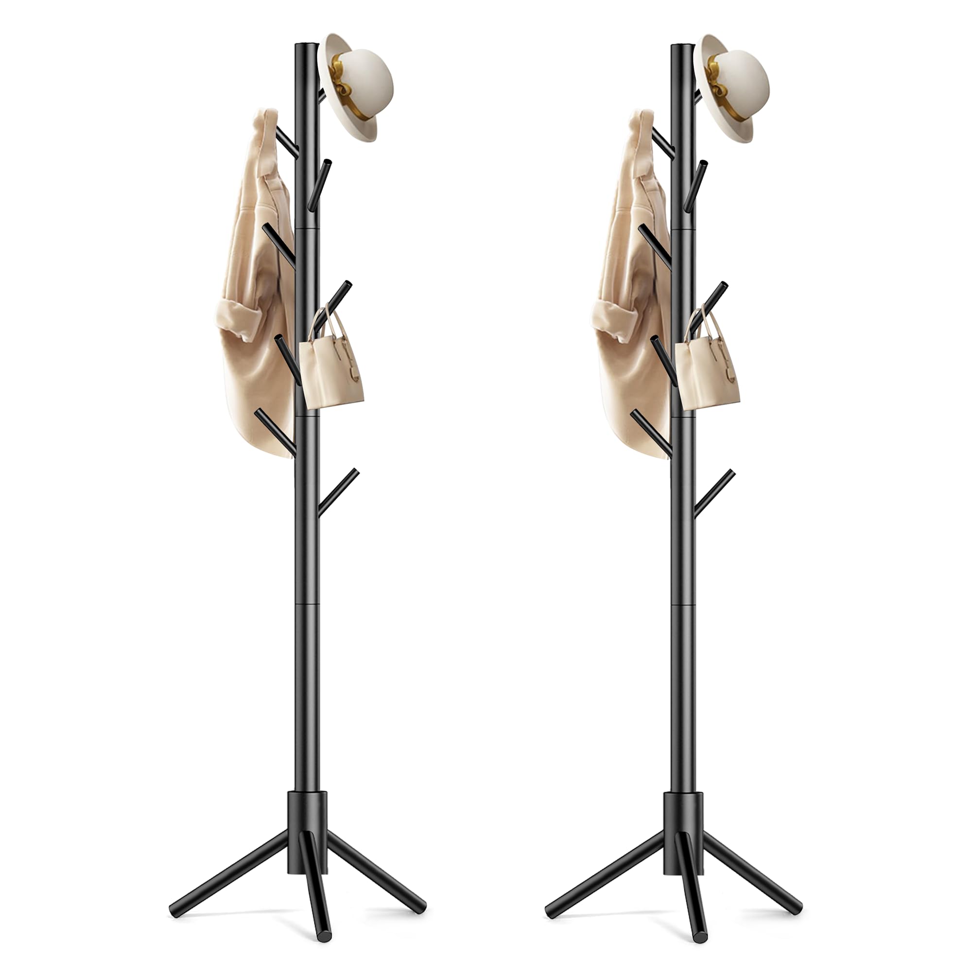 aliphon wooden coat rack stand, freestanding coat rack with 8 hooks, 3 adjustable size coat tree for hats, coats, scarves bags, coat hanger stand used in bedroom/office/entryway,2 pcs (black)