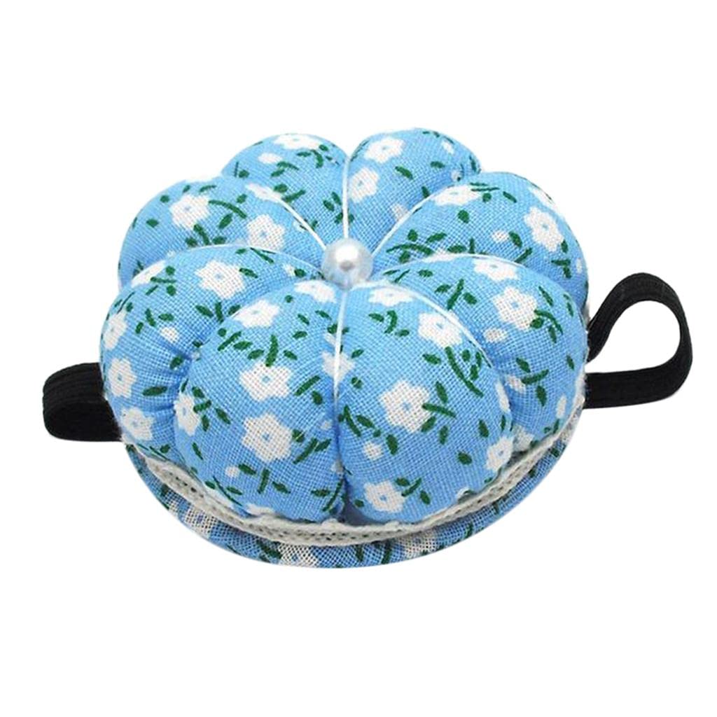 Almohadilla de calabaza para alfileres individual en tela azul de algodón con pulsera elástica