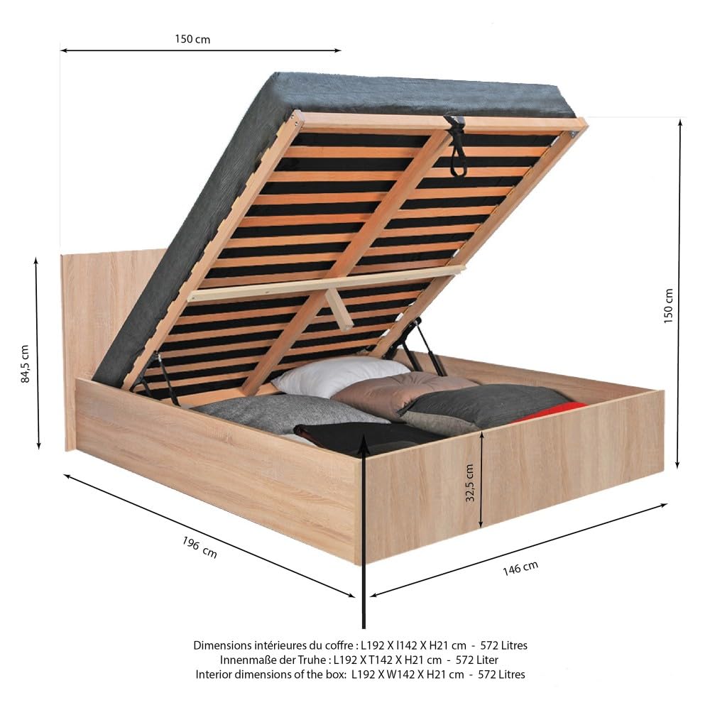 WEBER INDUSTRIES Lit Coffre Madrid 140x190 + 1 sommier/Décor Chêne Blanchi