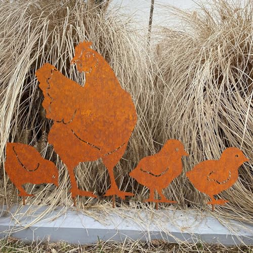 JYUECIAN Hühner Gartenstecker 4er Ostern Rost Deko Gartendeko für Draußen, Edelrost Metall Huhn Küken Roststecker Bauernhof Frühling Deko