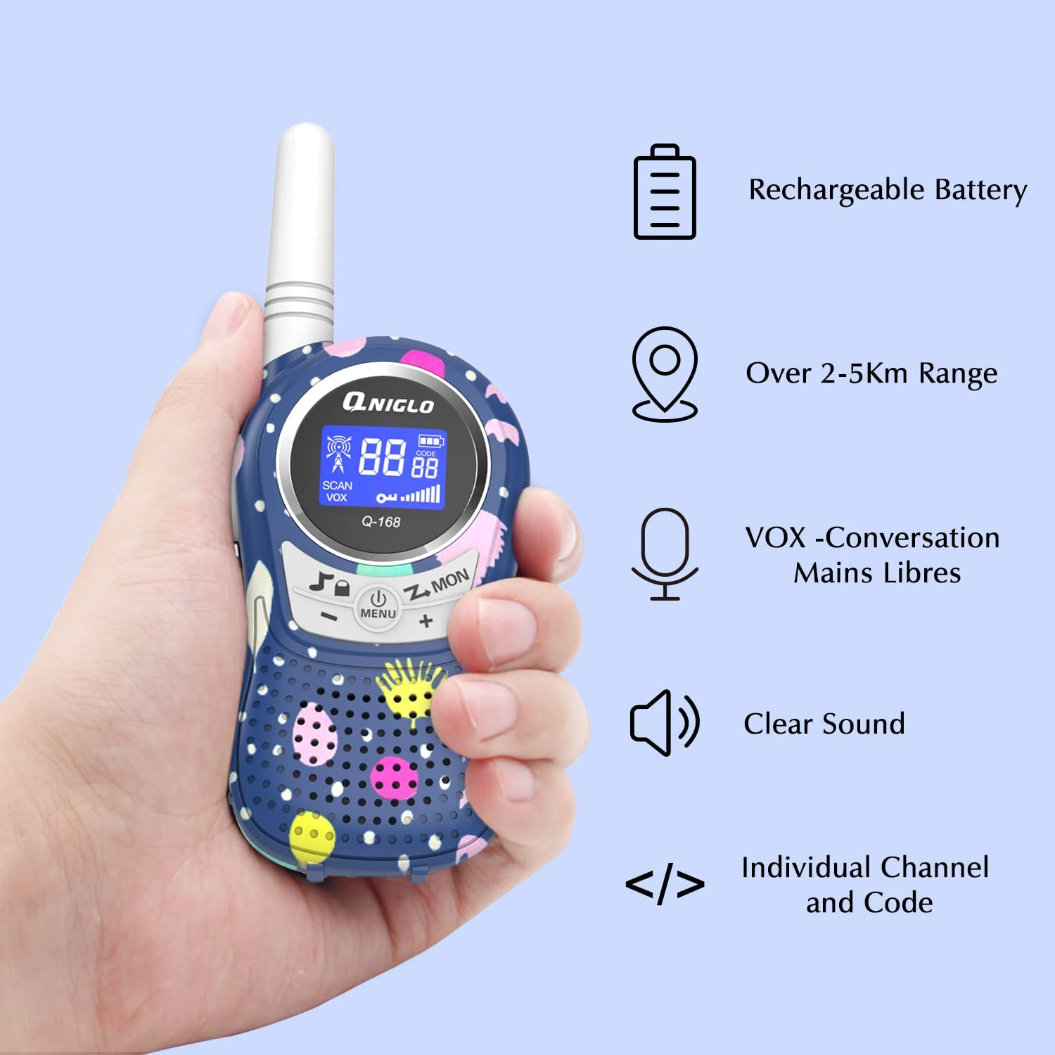 QNIGLO Q168Plus Camuflaje Walkie Talkie para Niñas, Comunicación Bidireccional 2Km Largo Alcance, Jugar&Aventura al Aire Libre,Juguetes Regalos para Niños, con Baterías de Litio(Camuflaje_RosaAzul)