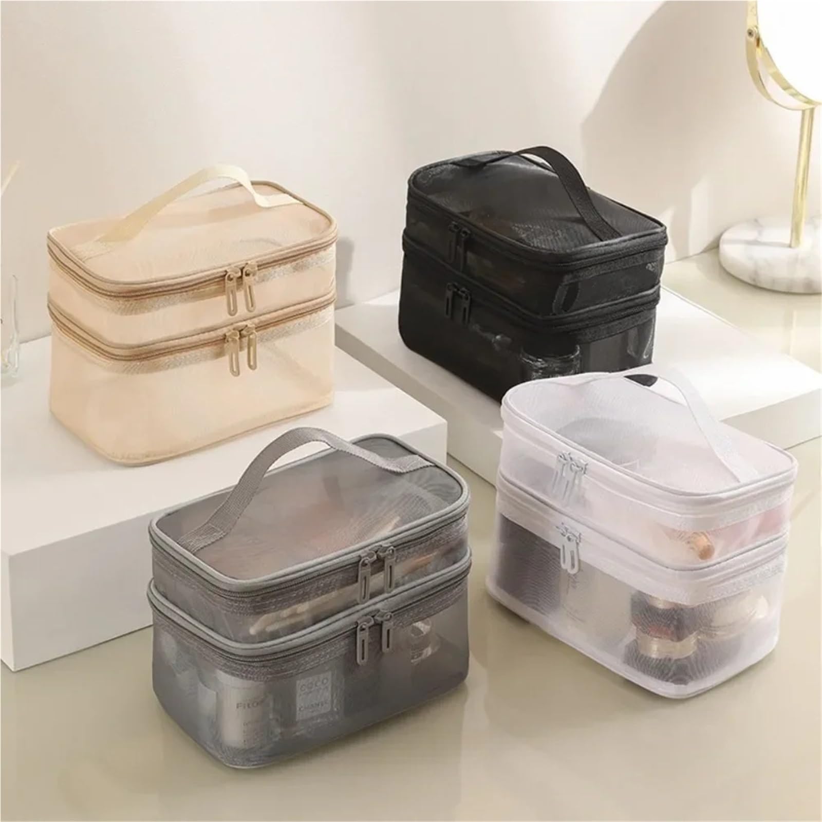 Bolsa organizadora de cosméticos Viaje, Bolsa Almacenamiento con Cremallera Malla Plegable Transparente, Kit Lavado Maquillaje Gran Capacidad, 1 Uds para Viajar(Black)