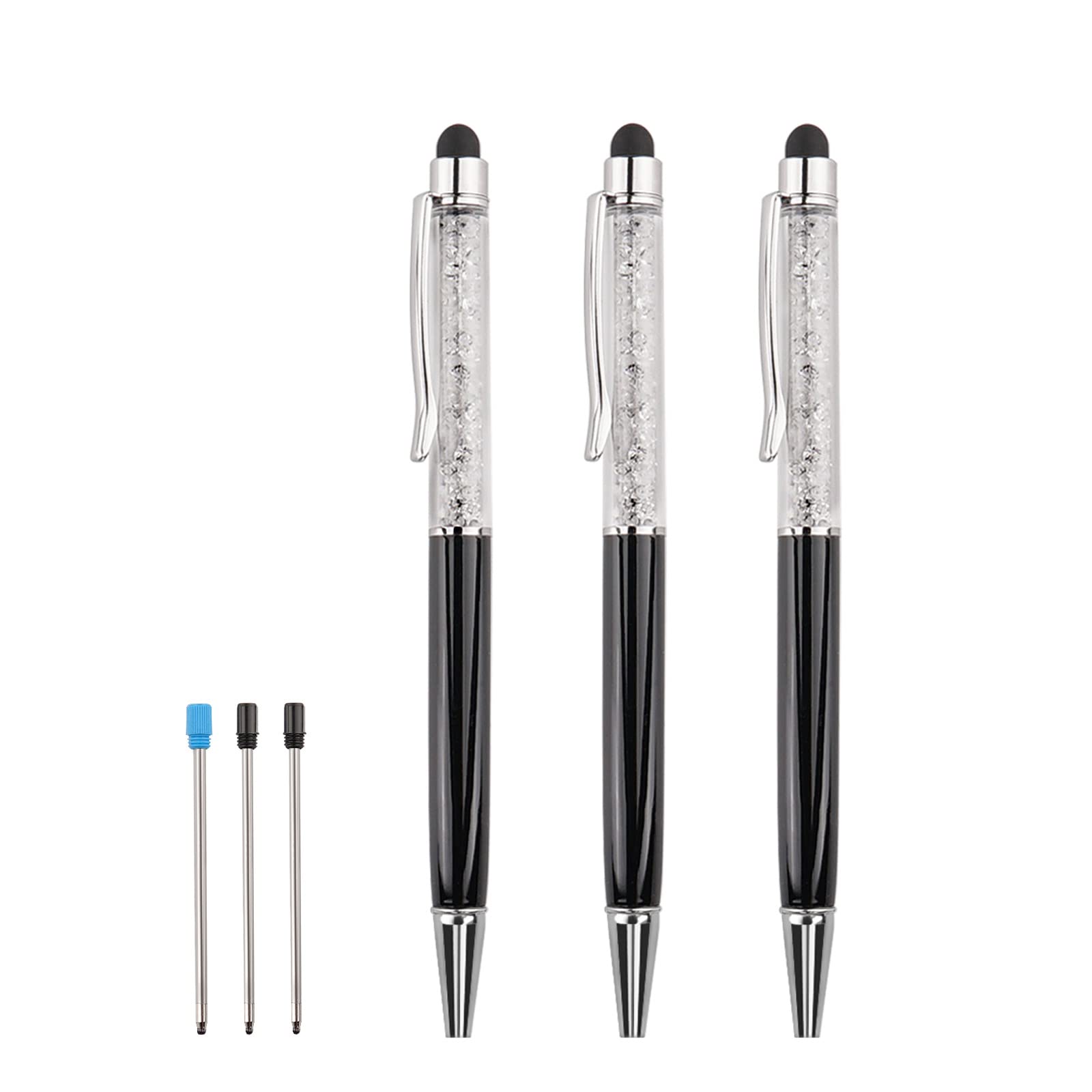 Bling Ballpoint Pens Crystal Diamond Pen Capacitive Touch Screen Stylus with Replacement Refills Rubber Tips for iPhone iPad Kindle Touchscreen Devices 3Pcs Writing Pen (Black)-image-3