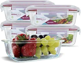 Kit 5 Potes Hermético Vidro Borosilicato Marmita Retangular Tampa 4 Travas Forno Microondas 370ml