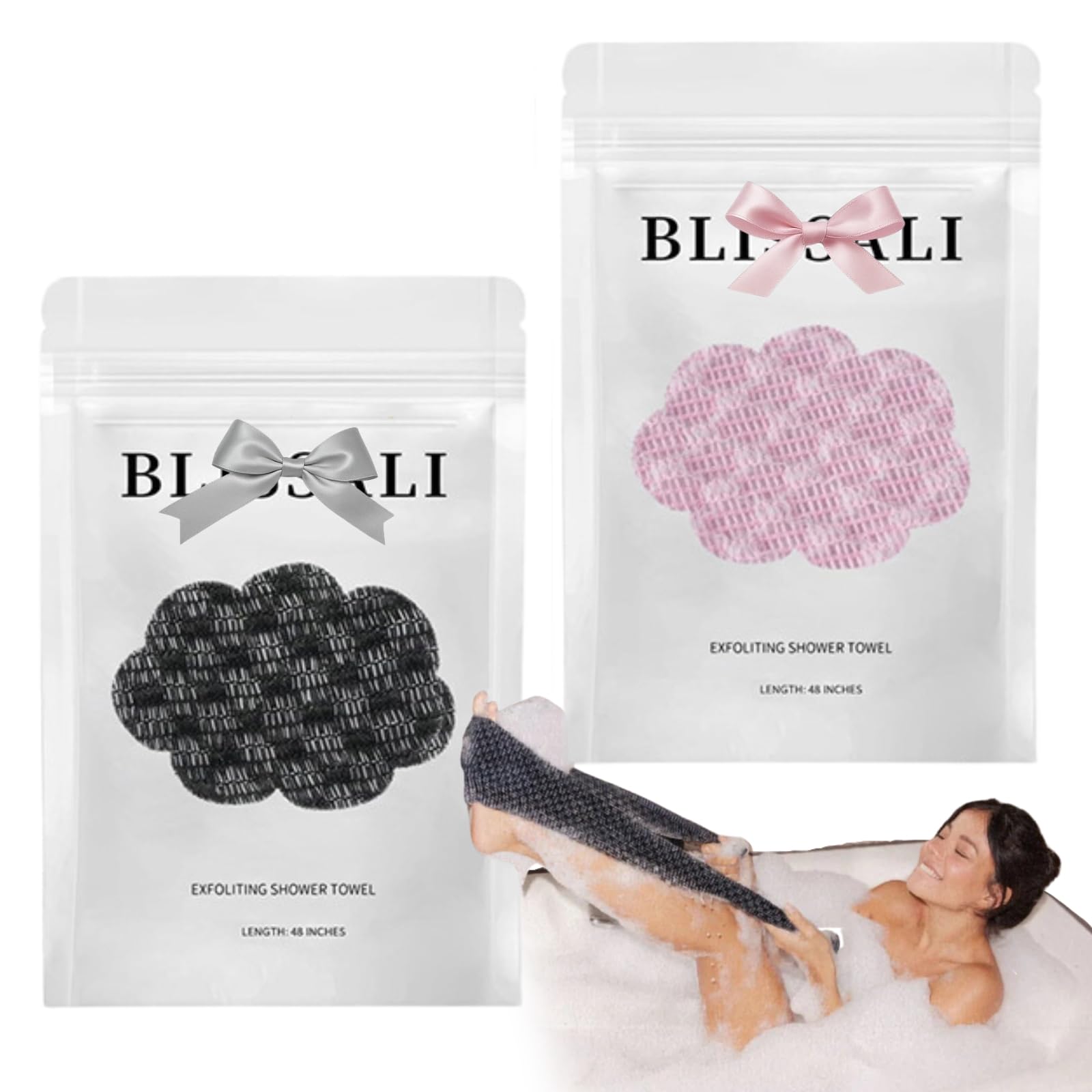 2PCS Exfoliating Shower Towel - Shower Towel Exfoliating for Gentle Cleansing - Body Scrub Towel for Smooth & Glowing Skin - Body Scrubber Bath Cloth for Daily Skin Care（Pink & Black）