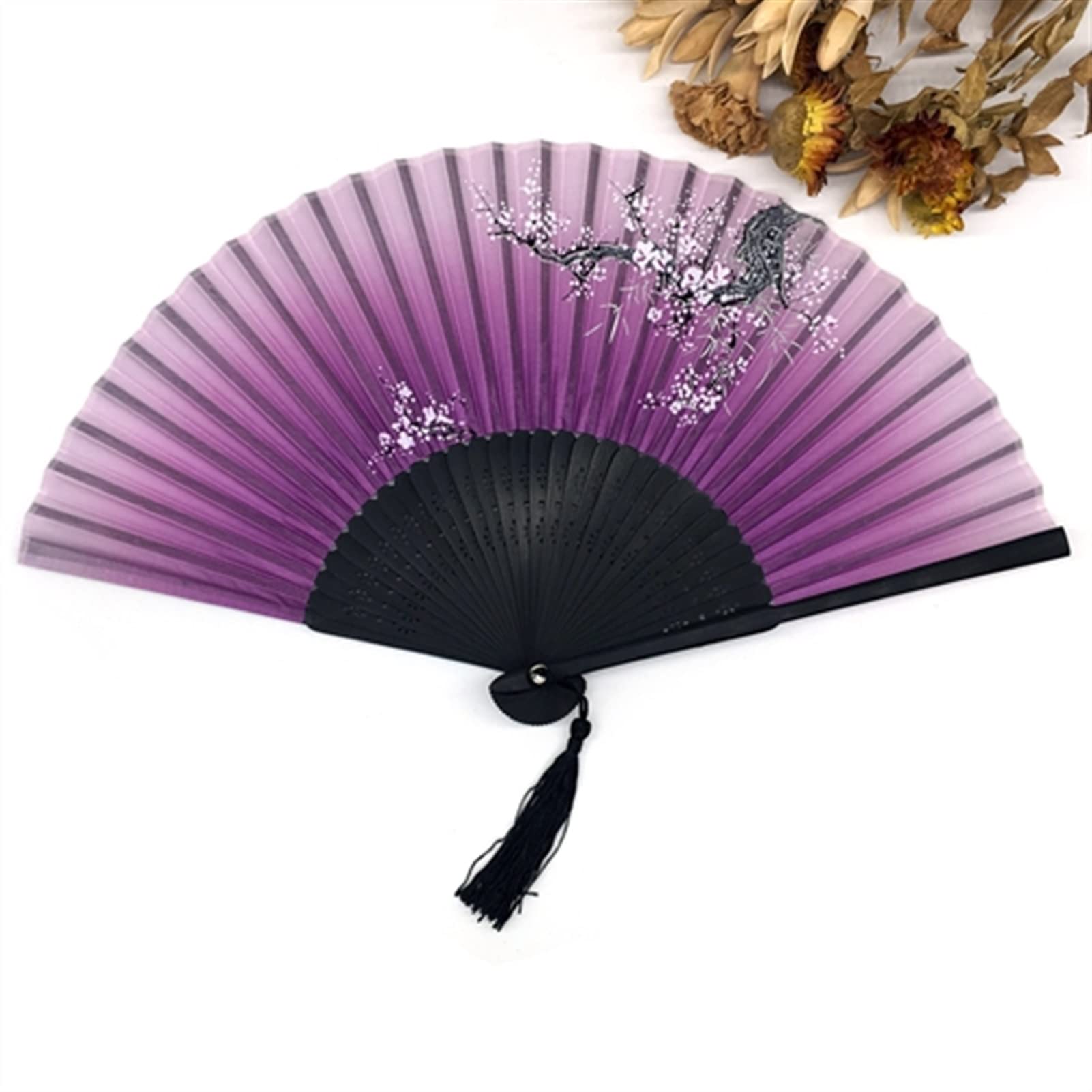 NZPOST 1pcs Vintage Chinese Spun Silk Flower Printing Hand Fan Folding Hollow Carved Hand Fan Event & Party Supplies for Dance,Party Props Decoration (G)