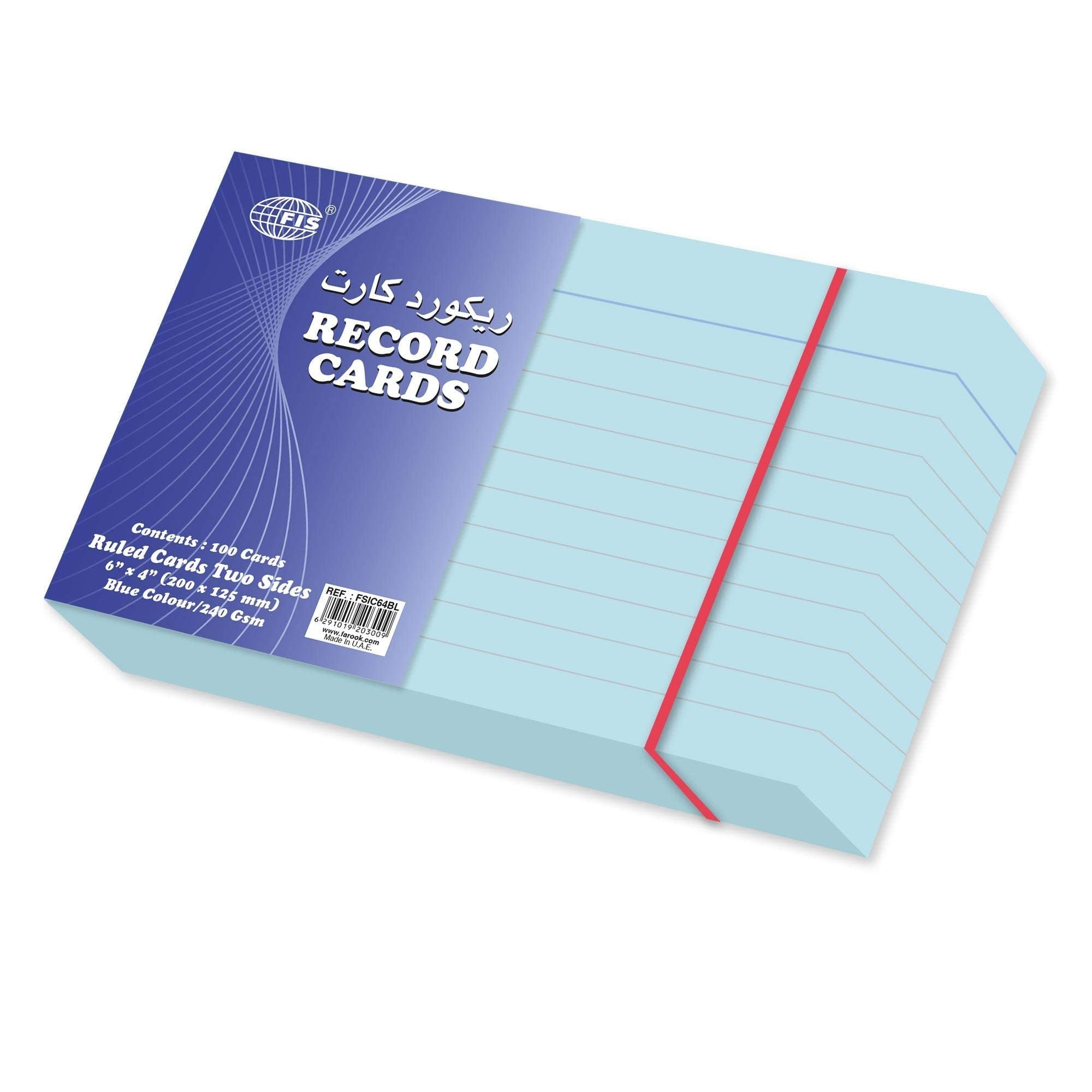 FIS FSIC64BL 240 GSM Ruled Colored Record Card 100-Pieces Set, 15.24 cm x 10.16 cm Size, Blue