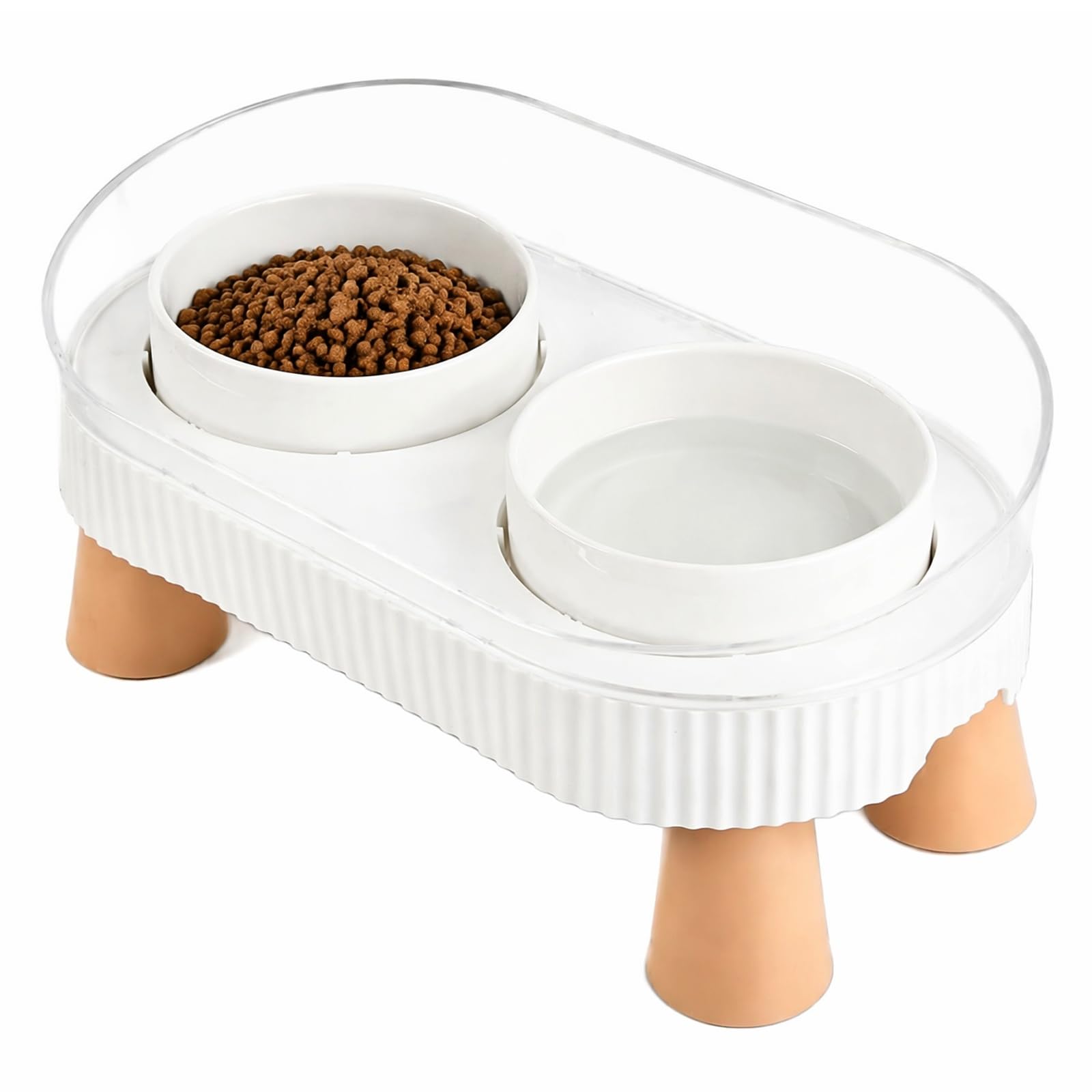 Nivofu Set di Ciotole Rialzate in Ceramica per Gatti e Cani di Piccola Taglia, Doppia Ciotola con Supporto in Legno e Base in PP Antiscivolo, Paraspruzzi Integrato, Altezza Ergonomica 16cm