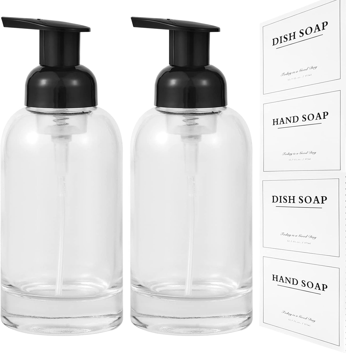 2 Pack Foaming Soap Dispenser, 12.7 Oz Thick Glass Pump, Clear Black