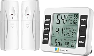 Refrigerator Thermometer, Digital Freezer Thermometer with 2 Sensors, Wireless Indoor Outdoor Temperature Monitor with Big LCD Display, Min/Max, Audible Alarm for Home Restaurants Fridge
