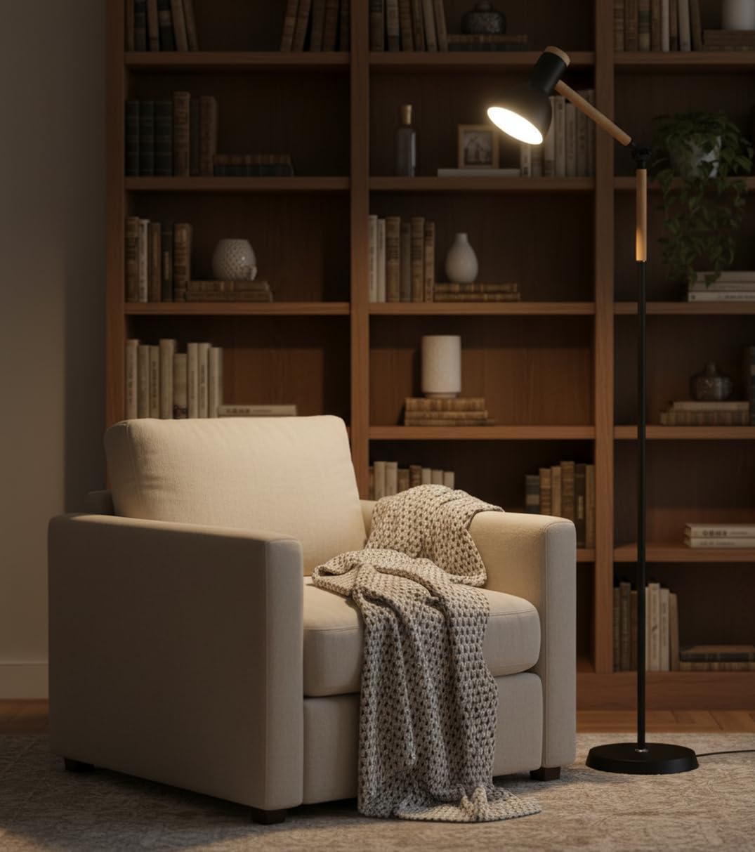 BEL AIR HOME Lámpara de pie TEACHER Negro/Madera | Diseño Moderno Elegante, Ideal para Salón, Comedor, Oficina, Habitación, Altura 155 cm,1xE-27 (BOMBILLA NO INCLUIDA)