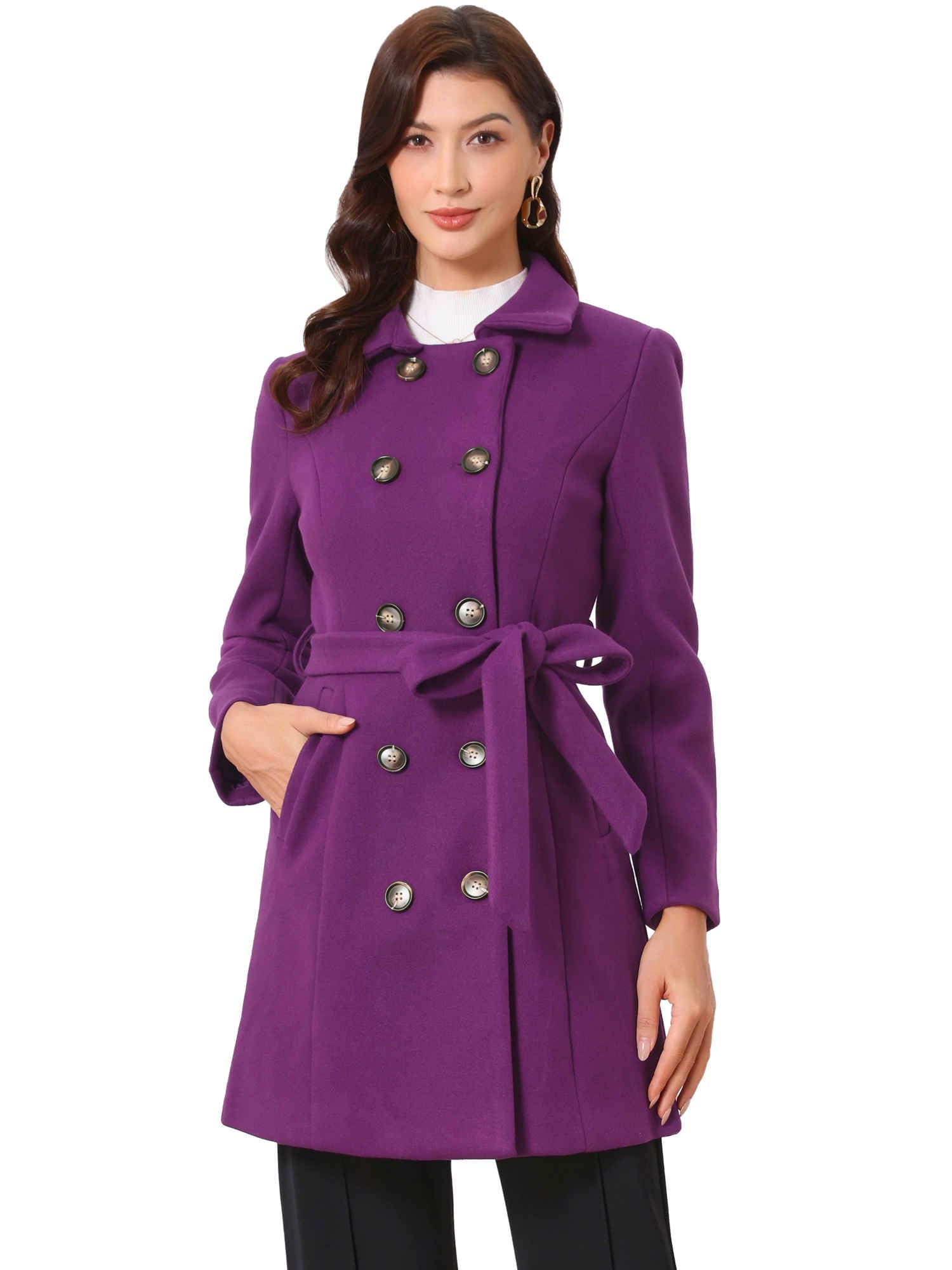 Allegra K Winter Trench Coat for Women Overcoat Belted Outwear Double Breasted Mid Long Pea Coat