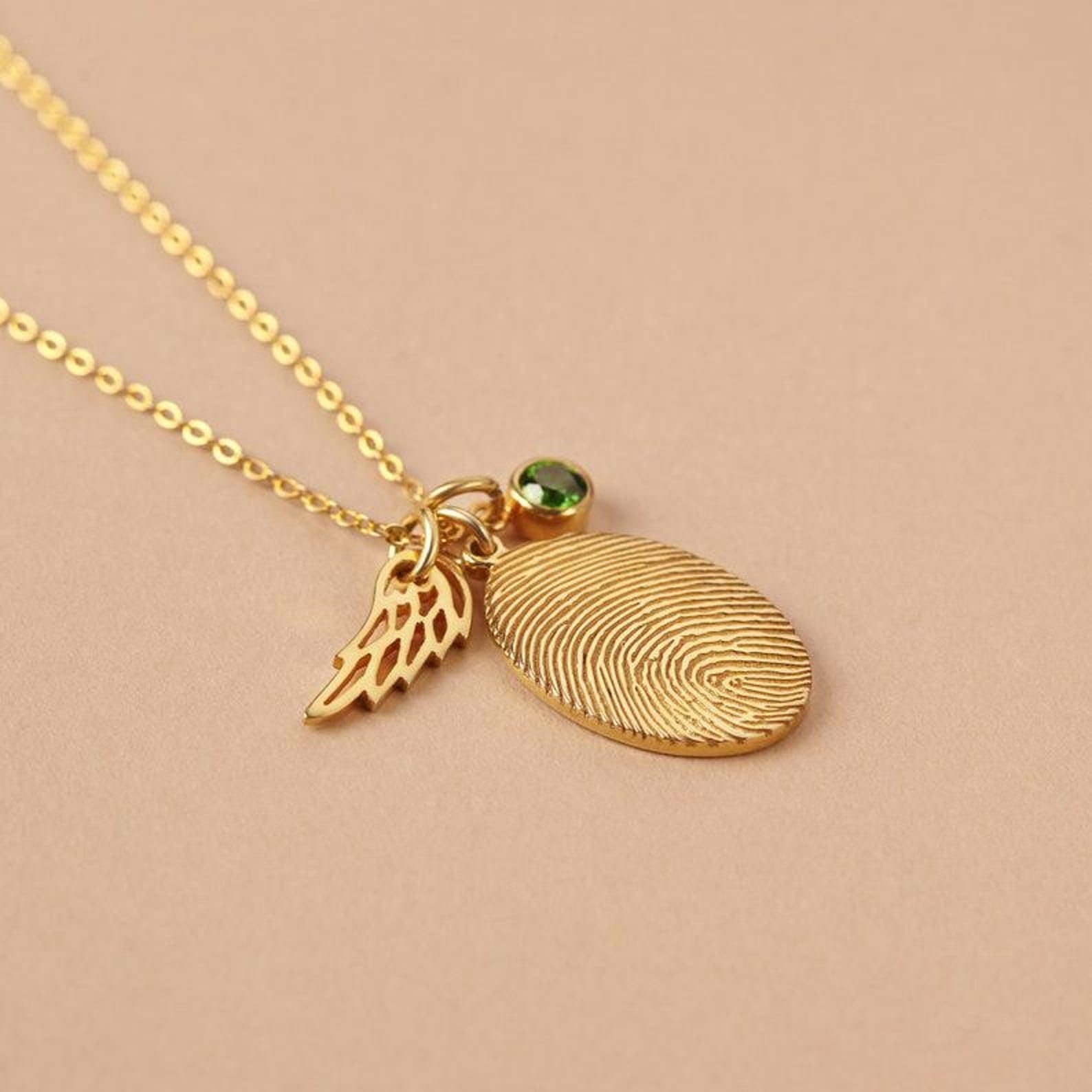 Collar con huella digital ala de ángel, a medida conmemorativo, huella del pulgar joya para pérdida de mamá papá Día de la Madre Navidad cumpleaños aniversario