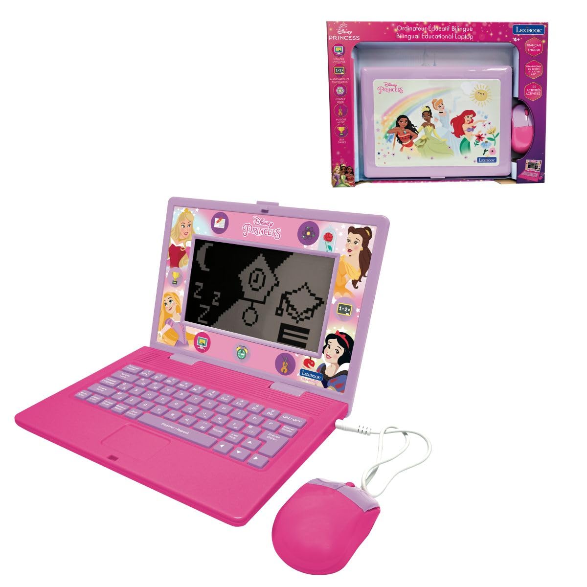 Lexibook Ordinateur Portable Éducatif Bilingue Disney Princesses 170 Activités Écran 6.7" Anglais/Français Rose JC599DPi1