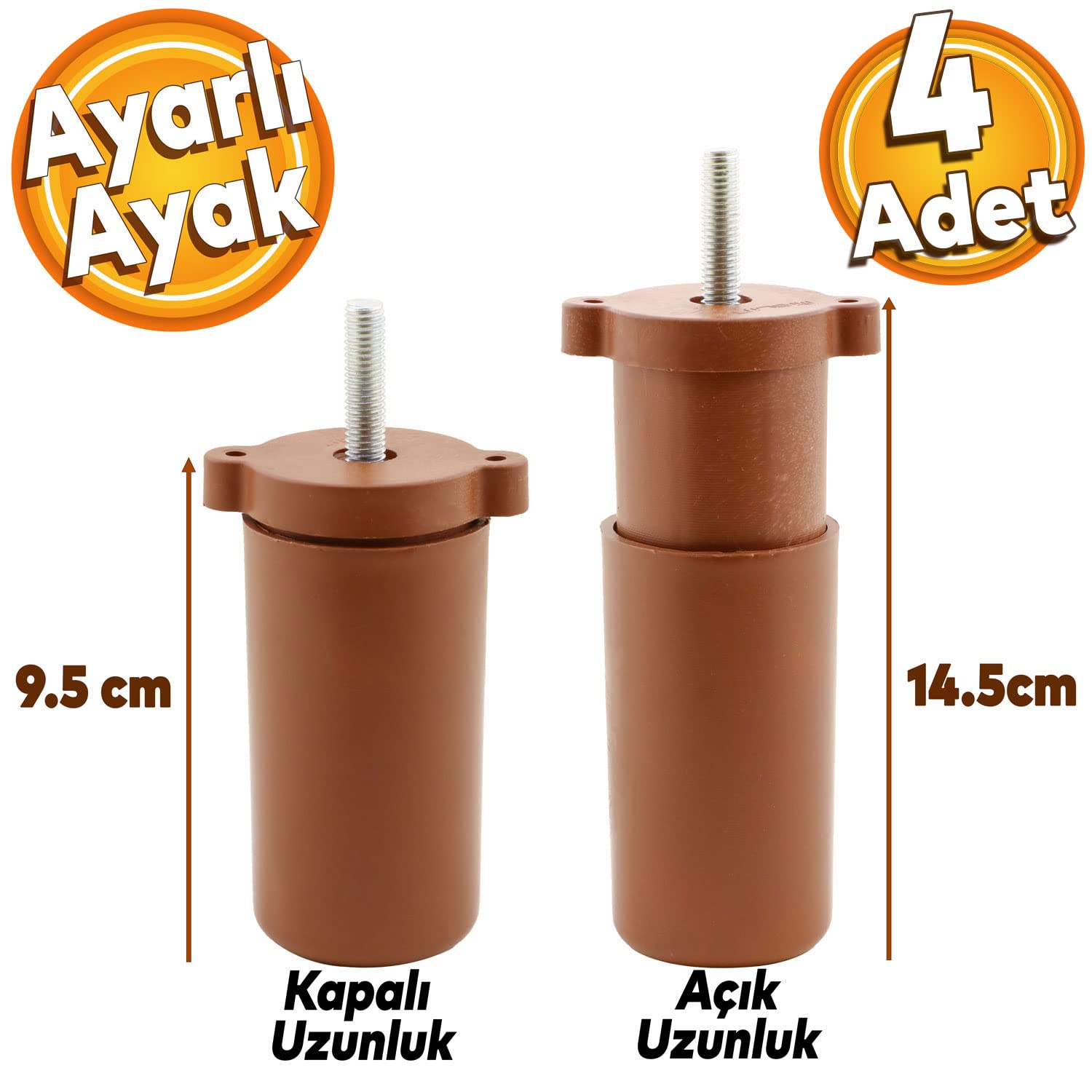 Badem10 4 Adet Gizli Mobilya Kanepe Sehpa Koltuk Orta Destek Ayağı Ayarlanabilir 9.5 cm Kahverengi Ayak