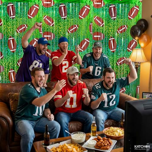Image of KatchOn, XtraLarge 3Pcs Football Fringe Curtains - 9.75 x 6.5 Ft | Glitter Foil Fringe Curtain Backdrop Football Party Decorations | Sports Theme Birthday Backdrop, Game Day, Football Party Supplies