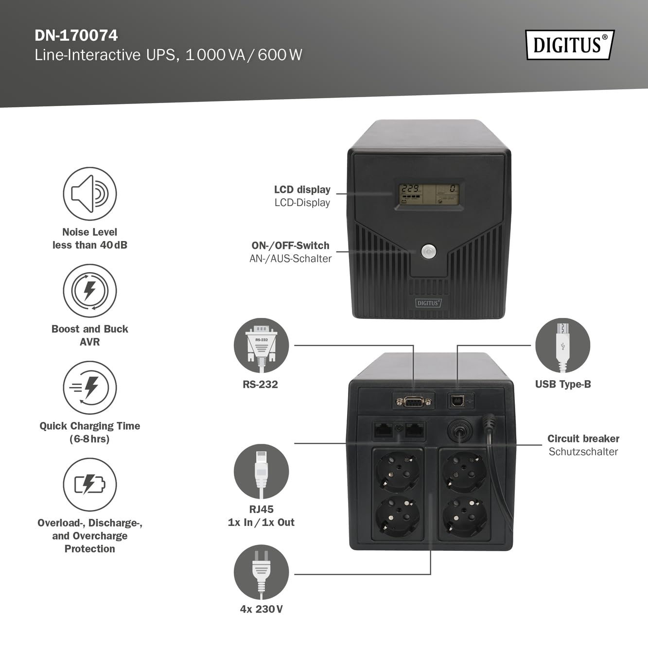 DIGITUS Alimentation sans interruption - Système d'onduleur Line-Interactive - 1000VA 600W - AVR - 4 prises de terre - Avec logiciel UPS - Connexions USB, RS232, RJ45