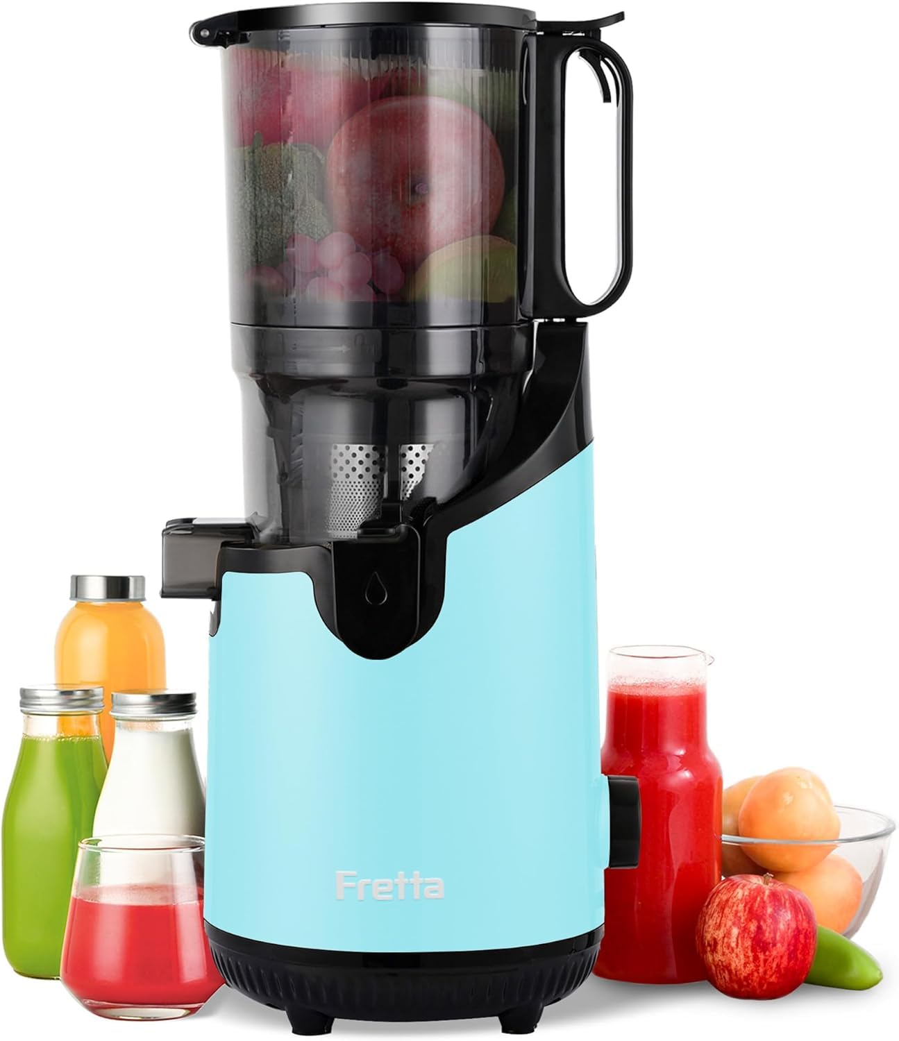 Cold Press Juicer Machines, Slow Masticating Juicer with 5.3" Extra Large Feed Chute Fit Whole Fruits &amp; Vegetables, Self Feeding Effortless for Batch Juicing, BPA Free 250W (BrightBlue,1.8L)