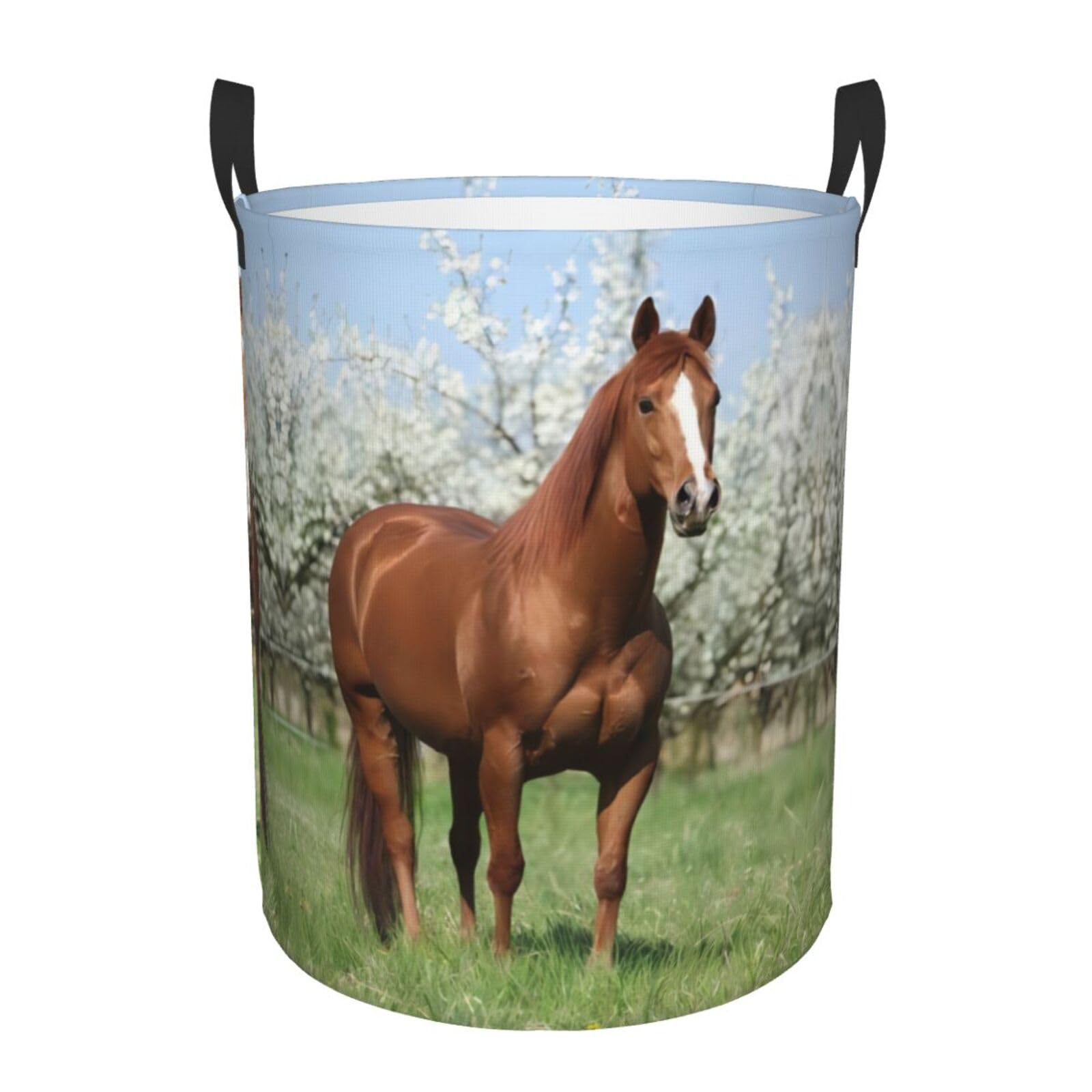 M Circular Hamper Horse in Front Flowering Trees Print Storage Basket for Home