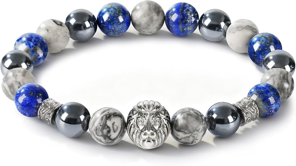 mens beaded bracelets, 8mm/10mm Elastic Adjustable Natural Gemstone Bracelet with Stainless Steel Lion Head, Symbolizing Courage & Strength, Gift for Men, Anniversary, Thanksgiving, Christmas, Lapi...