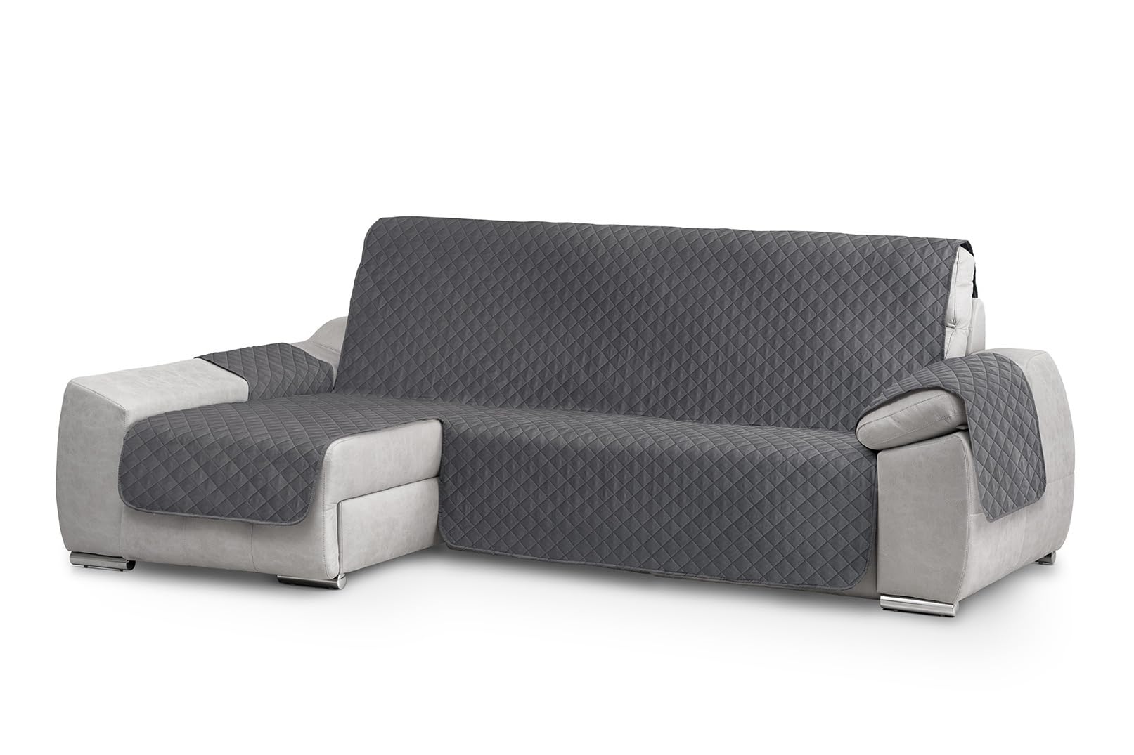 Textilhome Copri divano con Penisola Sinistra, Copridivano Chaise Longue CIRCUS – Salvadivano Trapuntato Universale con Bracciolo, Antimacchia, 200 cm, Grigio