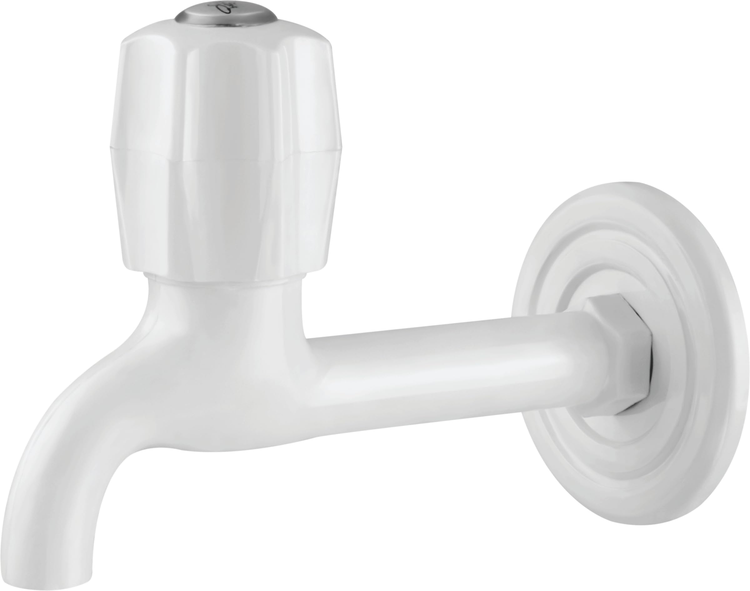 Prayag Long Body Bib Cock 15mm with Flange | Extended Reach ABS Plastic Wall Mounted Bathroom & Kitchen Faucet | Leak Proof Durable Water Tap (White) (124)-image-5