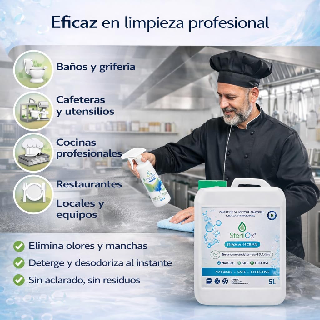 5L Solución Cosmética de Limpieza Higiénica para Piel y Superficies – Ácido Hipocloroso (HOCl), Sin Alcohol, Sin Perfume, Sin Aclarado, Uso Profesional y Doméstico