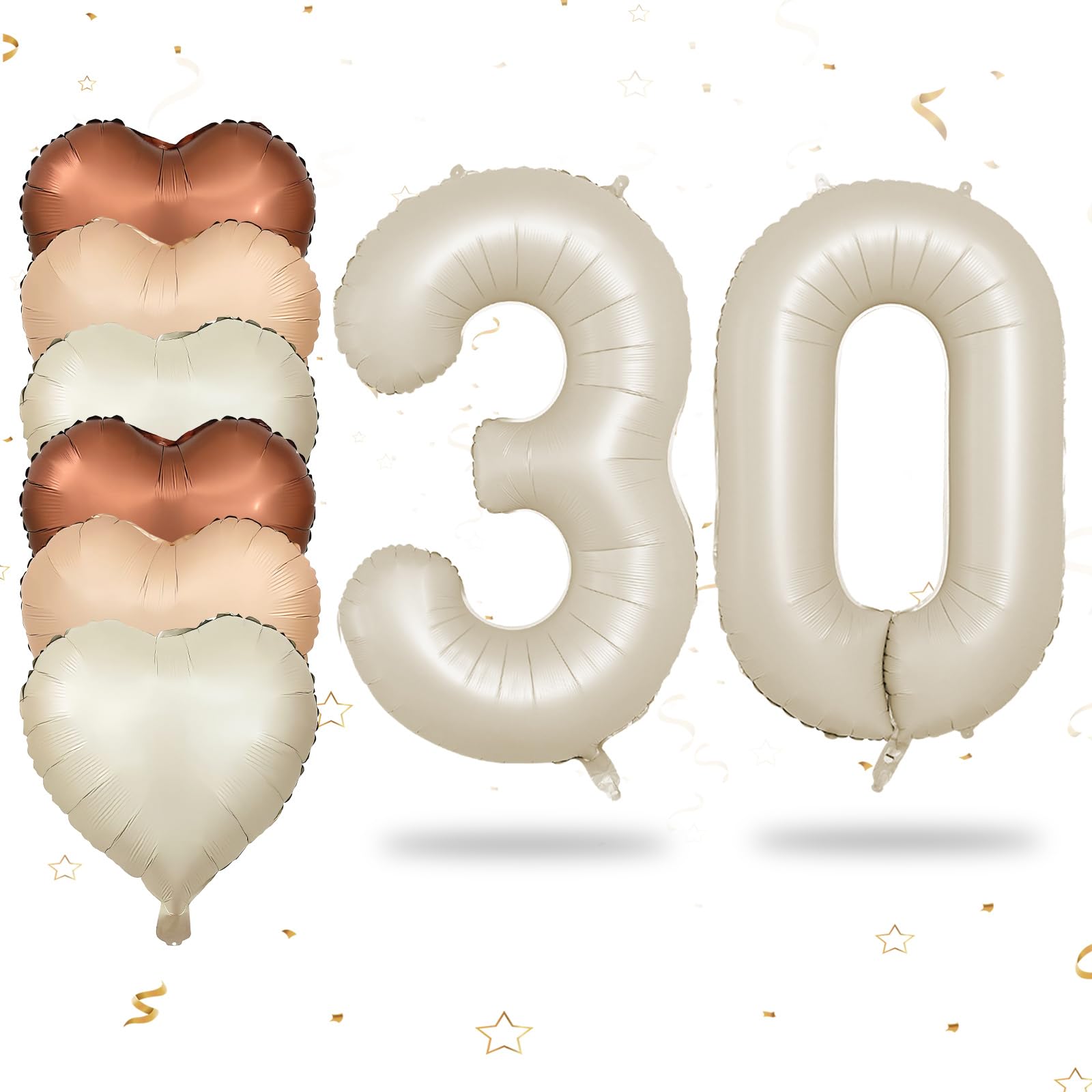 Luftballon 30. Geburtstag, 40 Zoll Beige Zahl 30 Luftballon, XXL Cremefarbene Nummer 30 Folienballon Braune Aprikosen Herzluftballons Neutraler Helium für Männer Frauen 30. Geburtstag Party Deko