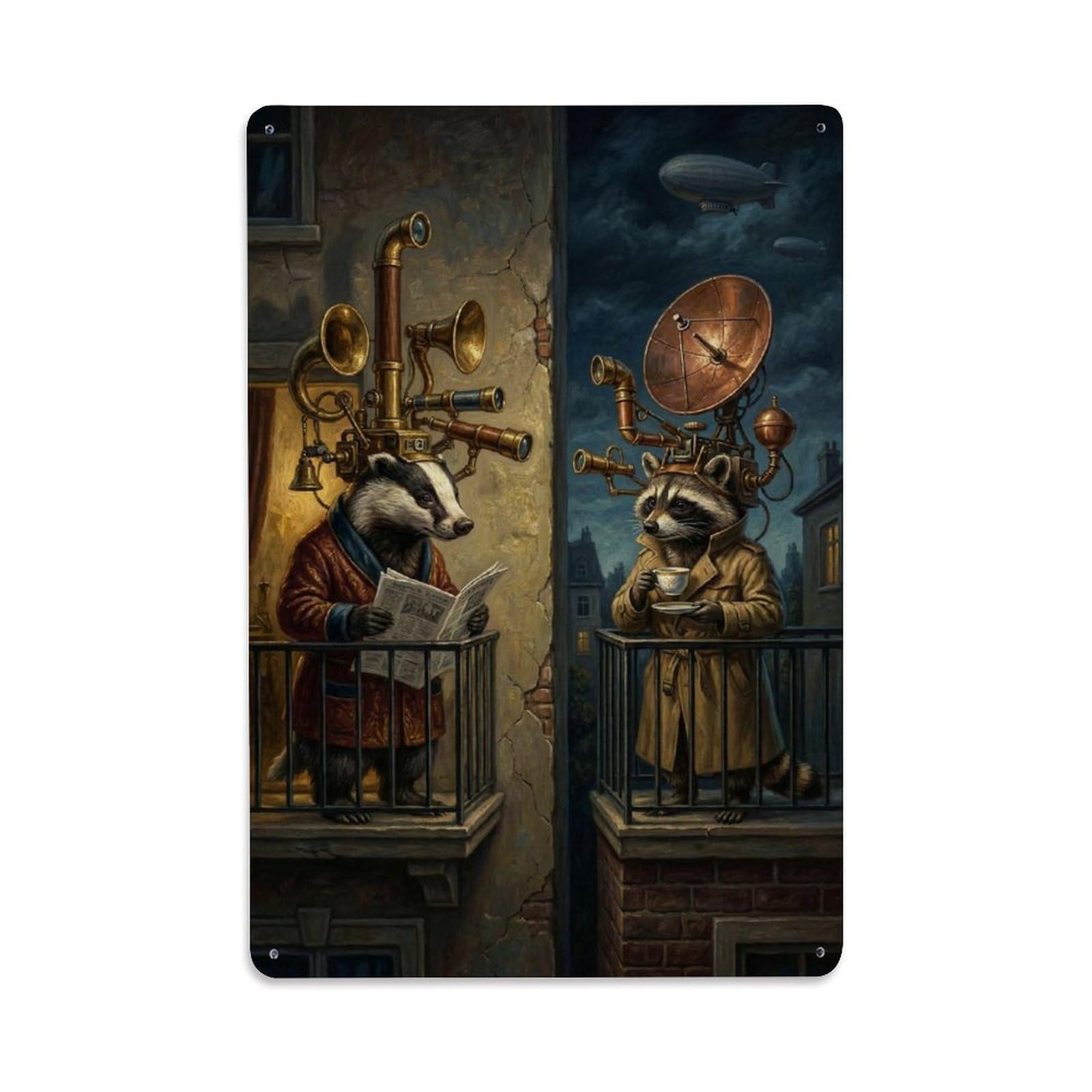 Surreal Vintage Badger Raccoon Balcony Satire Animal Storybook Metal Tin Sign Plaque Wall Decor for Cafe, Man Cave, Club Bar, Office, Home Garden Round Metal Poster 8x12Inch