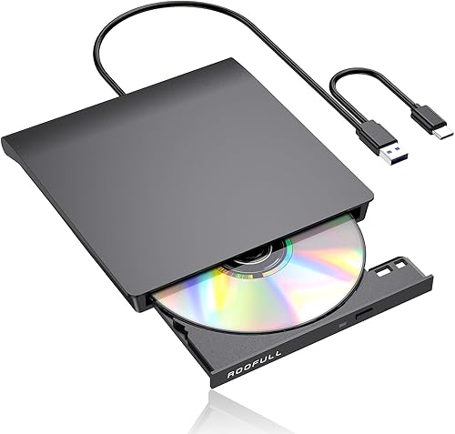 ROOFULL Unidad externa de CD y DVD para portátil, USB 3.0 tipo C, lector de discos de DVD, grabador, reproductor de CD portátil USB-C para Windows