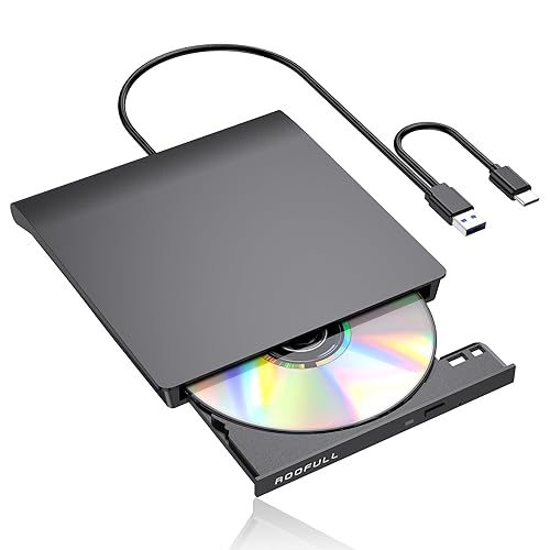 ROOFULL External CD DVD Drive for Laptop, USB 3.0 Type-C CD DVD Disc Reader Writer Burner, USB-C Portable CD DVD Player for Windows 11/10/7 PC Apple Mac MacBook Linux Computer, RF21-MAS