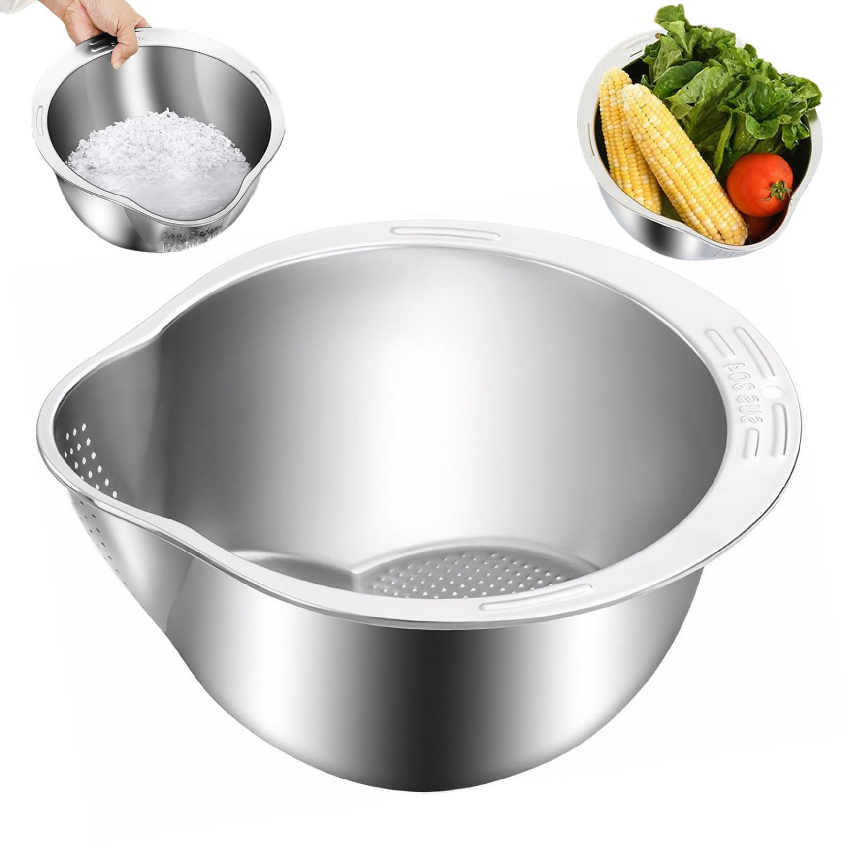 Colador de arroz Lavadora de arroz de drenaje lateral Tazón de lavado de acero inoxidable con gancho para colgar Colador inferior en forma de V para limpiar frutas, verduras y frijoles